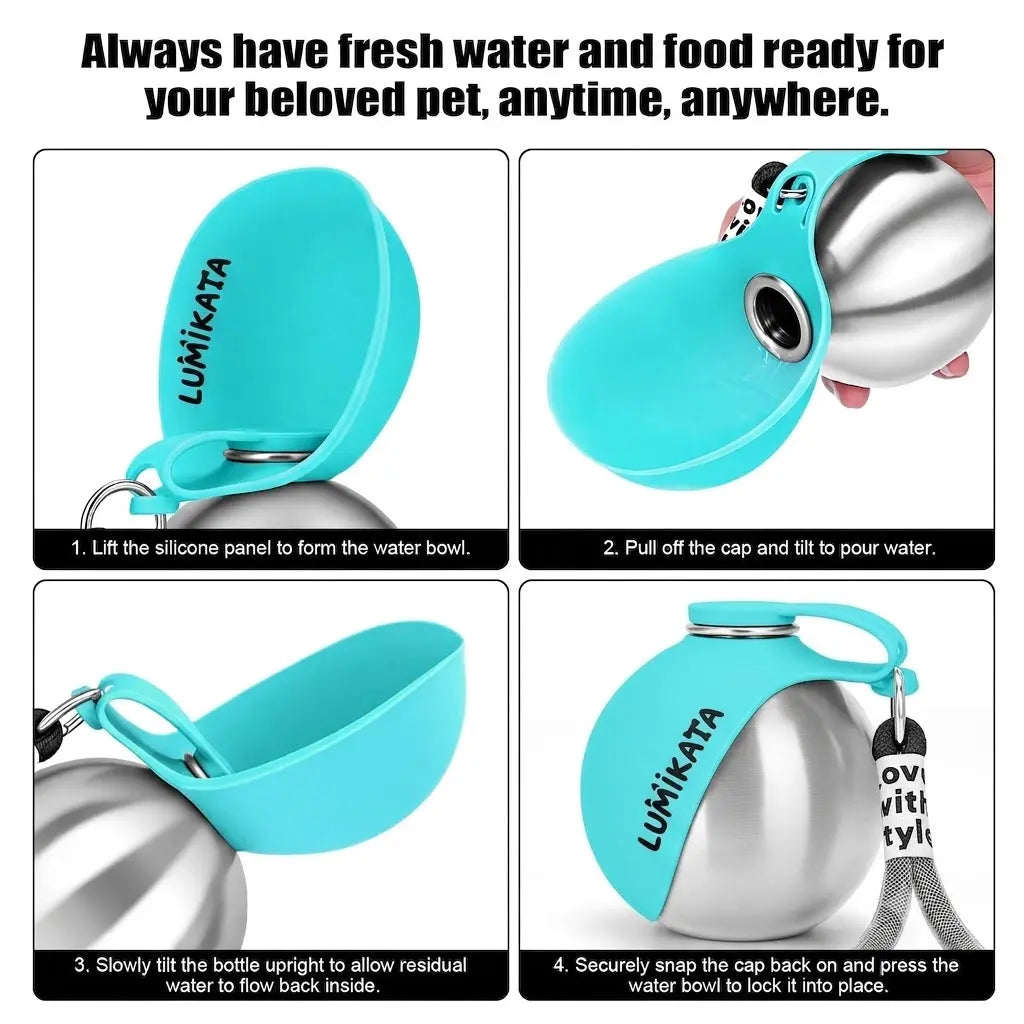Lumikata 2-in-1 Portable Dog Water Bottle - 10oz Stainless Steel with Silicone Foldable Bowl, Leak-Proof Design for Small Dogs and Pet Feeding Supplies