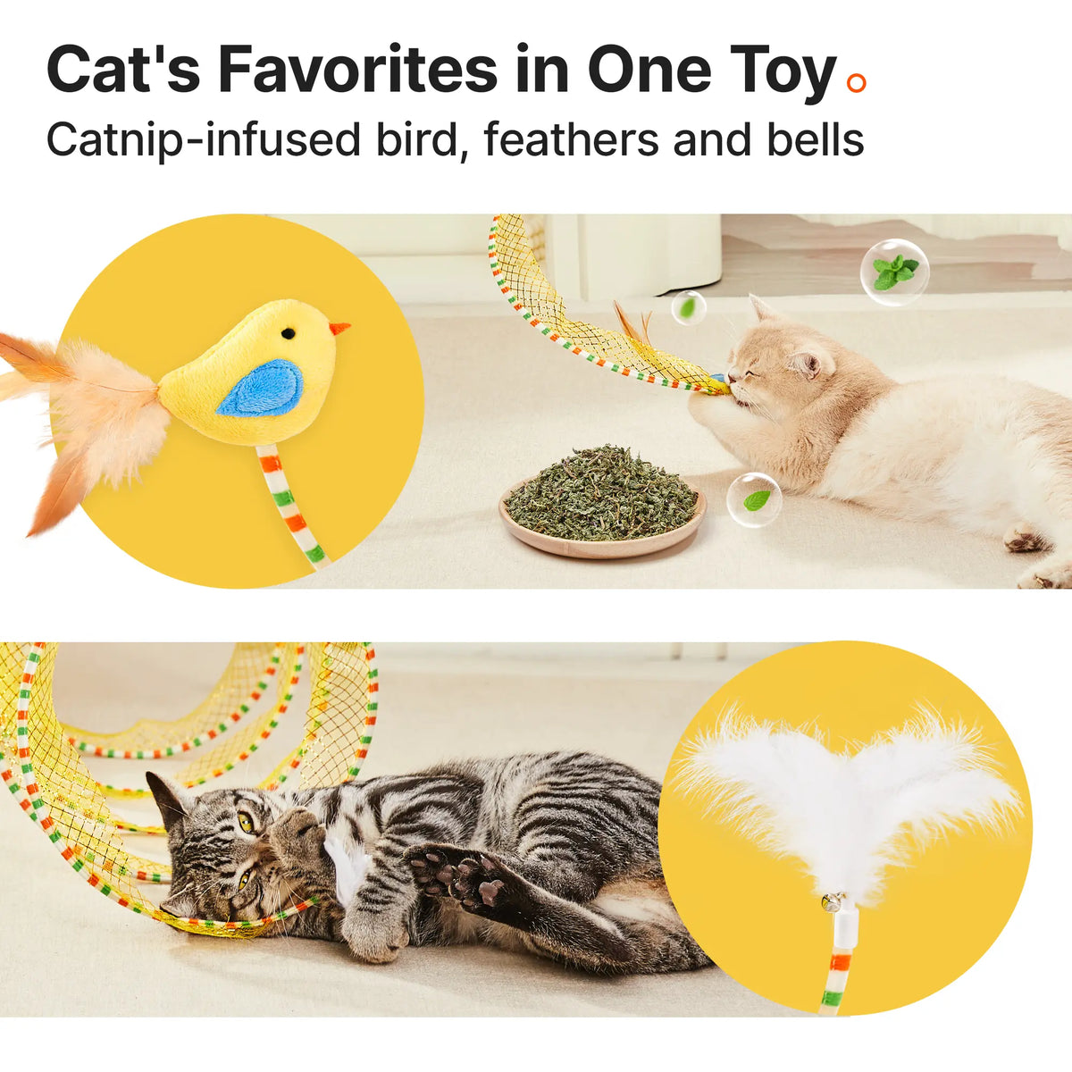 Potaroma Collapsible Spiral Cat Tunnel Toy - Flexible Spring Design, Travel-Friendly Mesh with Feather and Bell, 20-Inch Unfolded for Indoor Kittens, Enriching Pet Accessory for Bird Engagement